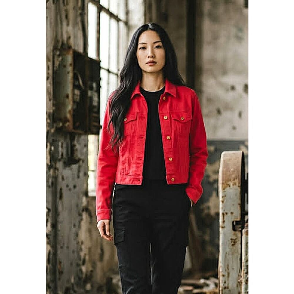 Michael Michael Kors Cropped Denim Jacket Coral Red Stretch Gold Hardware Size M